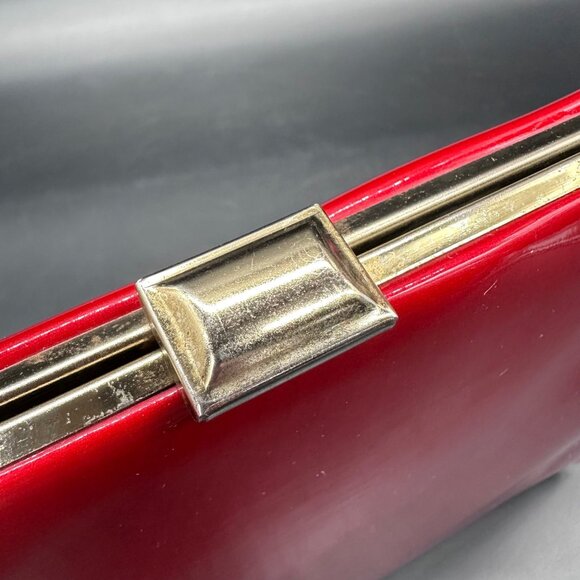 Vintage Cherry Red Patent Leather Handbag Purse Mid Century Gold 60s Top Handle - Picture 9 of 14